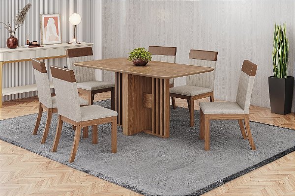 Conjunto de Mesa Dinah 160cm c/ Vidro e cantos Arredondados + 06 Cadeiras Isa plus - Móveis Henn