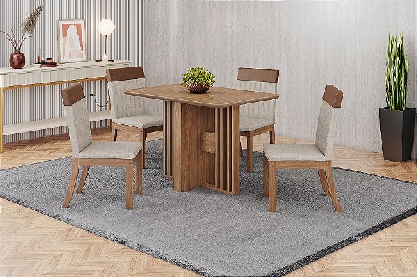 Conjunto de Mesa Dinah 120cm c/ Vidro e cantos Arredondado + 04 Cadeiras Isa Plus - Móveis Henn