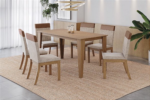 Conjunto de Mesa Vittoria 160cm + 06 Cadeiras Isa Plus Caramelo/Linho - Móveis Henn