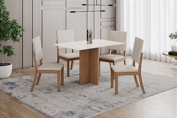 Conjunto de Mesa Kira 120cm + 04 Cadeiras Milla Linho - Móveis Henn