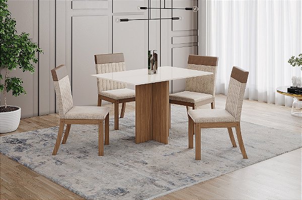 Conjunto de Mesa Kira 120cm + 04 Cadeiras Isa Plus Caramelo/Linho - Móveis Henn
