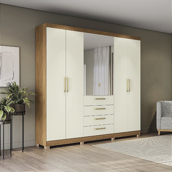 Roupeiro 250cm 06 Portas 04 Gavetas c/ Pés e Espelhos - Ref. CB01T585 - Canela/Off White - Kappesberg