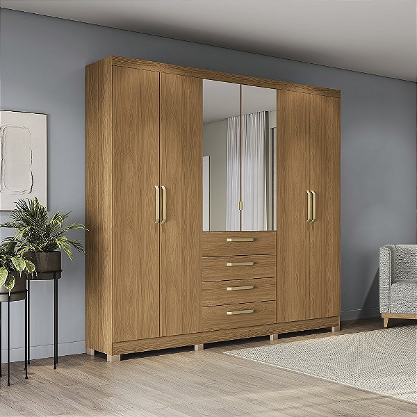 Roupeiro 250cm 06 Portas 04 Gavetas c/ Pés e Espelhos - Ref. CB01T585 - Canela - Kappesberg