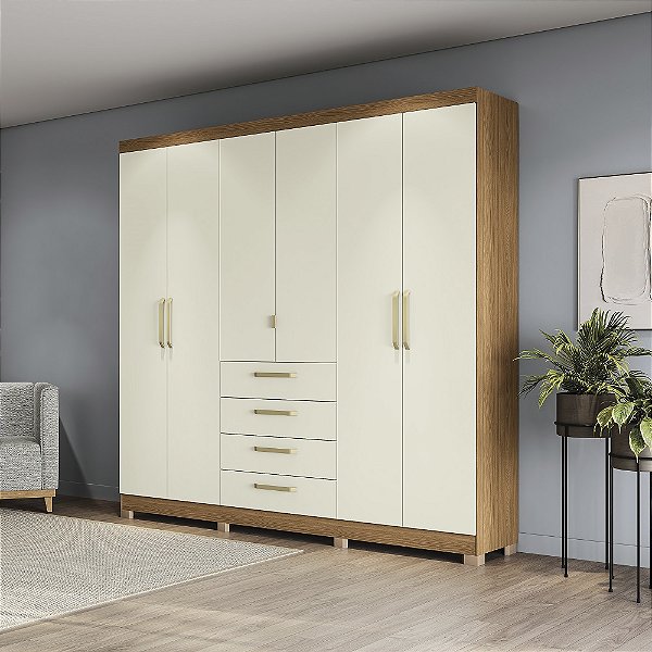 Roupeiro 250cm 06 Portas 04 Gavetas c/ Pés - Ref. CB03T585 - Canela/Off White - Kappesberg