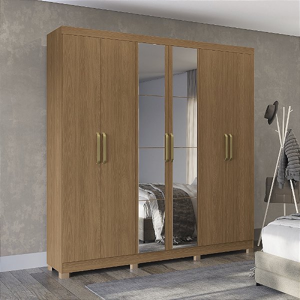 Roupeiro 230cm 06 Portas 02 Gavetas c/ Pés e Espelhos - Ref. CB01T584 - Canela - Kappesberg