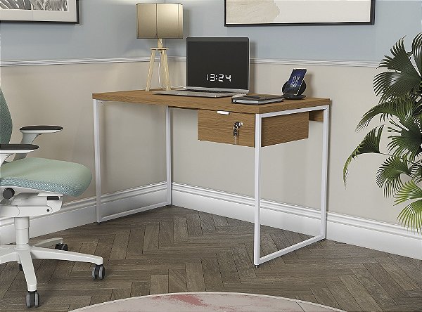 Mesa Secretária 118cm com Gaveta - Ref. LI002/LI005 - Canela/Branco - Linha Industrial - Kappesberg
