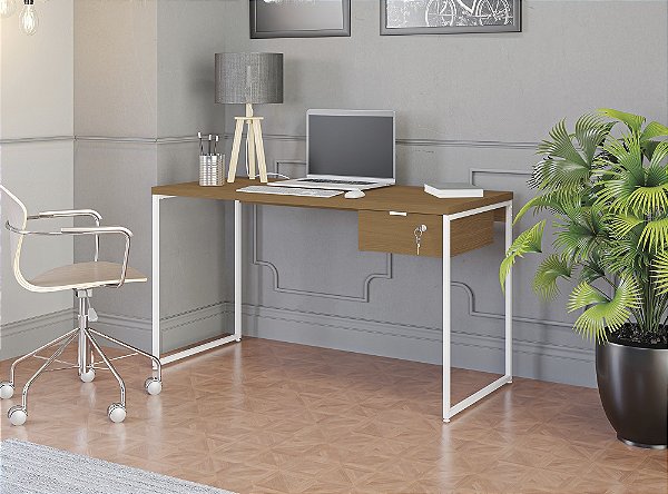 Mesa Secretária 136cm com Gaveta - Ref. LI003/LI005 - Canela/Branco - Linha Industrial - Kappesberg
