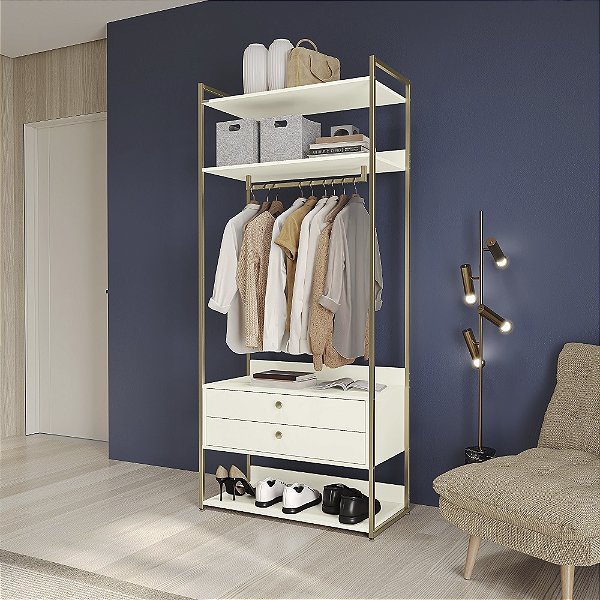 Armario Closet - Ref. LI047 - Off White/Dourado - Linha Industrial - Kappesberg
