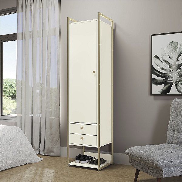 Armario 01 Porta 02 Gavetas - Ref. LI051 - Off White/Dourado - Kappesberg