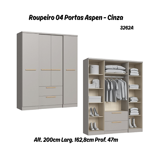 Roupeiro 04 Portas Aspen - 3262A - Cinza - Móveis Castro