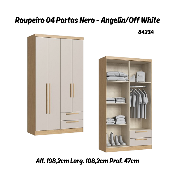 Roupeiro 04 Portas Nero - 8423A - Angelin/Off White - Móveis Castro
