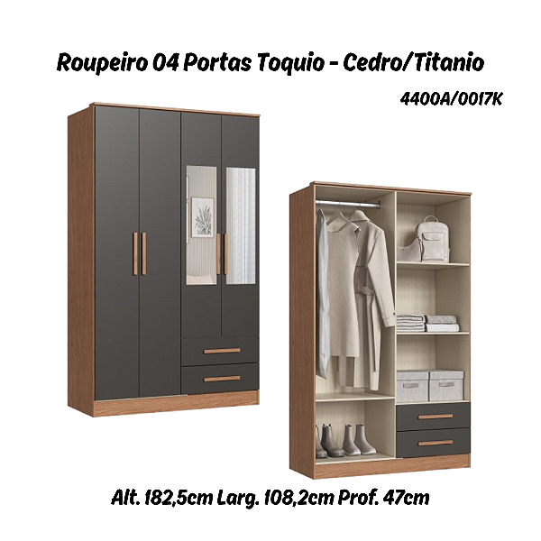 Roupeiro 04 Portas Toquio c/ Espelho - 4400A - Cedro/Titanio - Móveis Castro