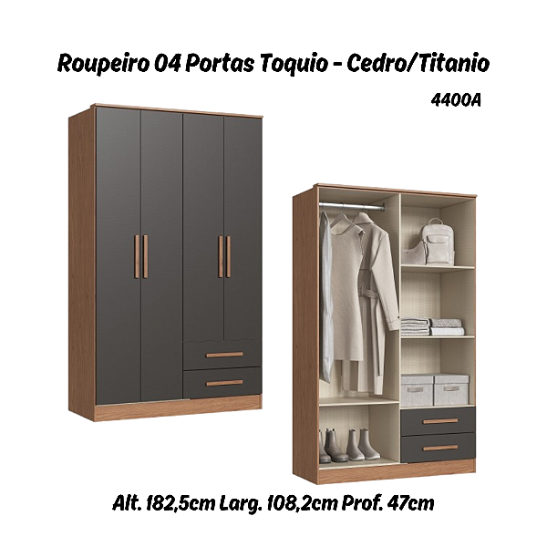 Roupeiro 04 Portas Toquio - 4400A - Cedro/Titanio - Móveis Castro