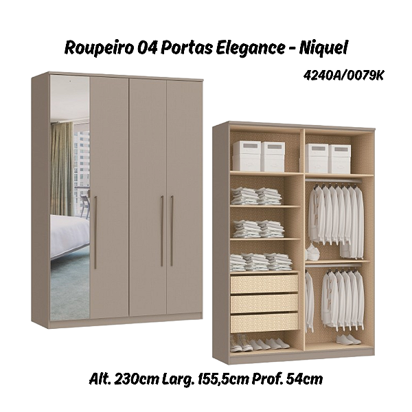 Roupeiro 04 Portas Elegance 01 Porta Espelho - 4240A - Niquel - Moveis Castro