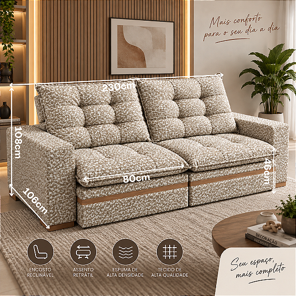 Sofá Retratil e Reclinável Tucson 230cm - Estofados Rincão