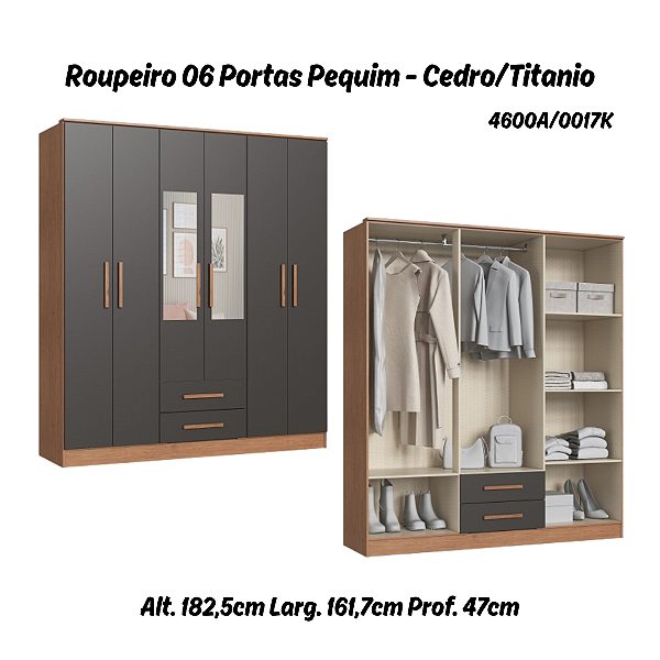 Roupeiro 06 Portas Pequim c/ Espelho - 4600A - Cedro/Titanio - Móveis Castro