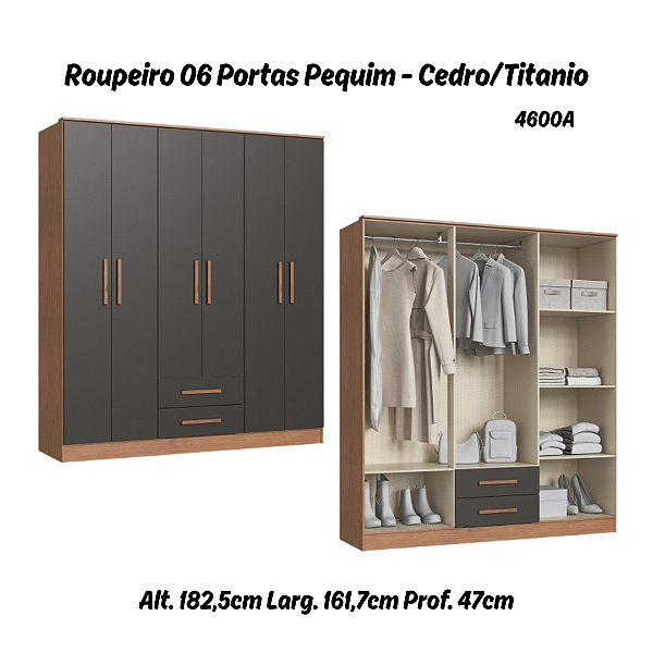 Roupeiro 06 Portas Pequim - 4600A - Cedro/Titanio - Móveis Castro