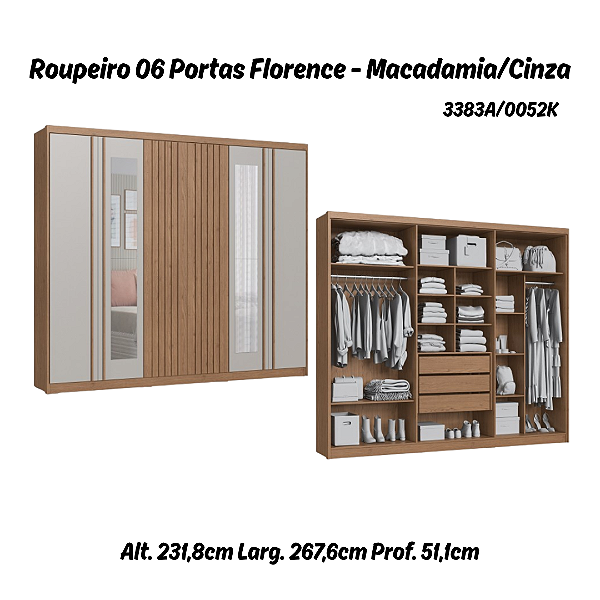 Roupeiro 06 Portas Florence c/ Espelho - 3383A - Macadâmia / Cinza - Móveis Castro