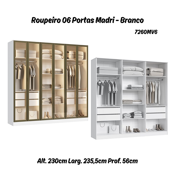 Roupeiro 06 Portas de Vidro Reflecta Madri 100% MDF - 7260MV6 - Branco - Moveis Castro