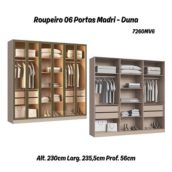 Roupeiro 06 Portas de Vidro Reflecta Madri 100% MDF - 7260MV6 - Duna - Moveis Castro