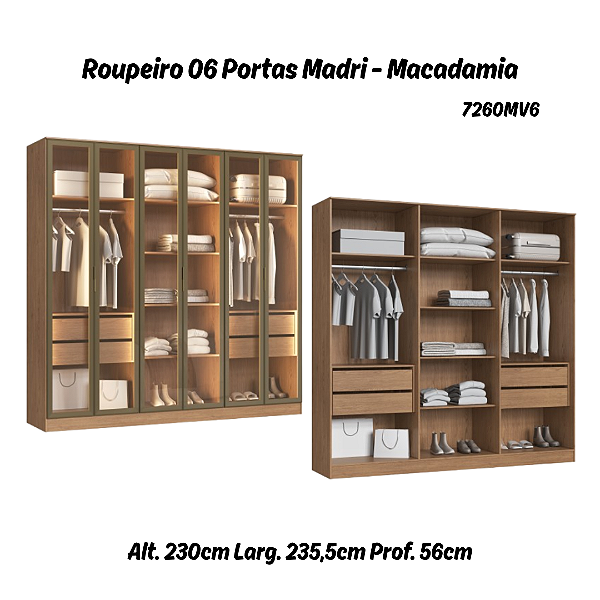 Roupeiro 06 Portas de Vidro Reflecta Madri 100% MDF - 7260MV6 - Macadamia - Moveis Castro
