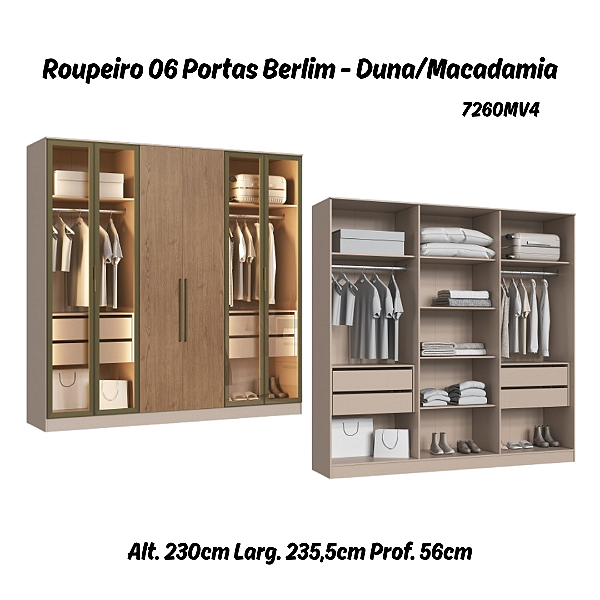 Roupeiro 06 Portas 04 c/ Vidro Reflecta Berlim 100% MDF - 7260MV4 - Duna/Macadamia - Moveis Castro