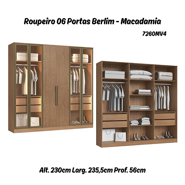 Roupeiro 06 Portas 04 c/ Vidro Reflecta Berlim 100% MDF - 7260MV4 - Macadamia - Moveis Castro