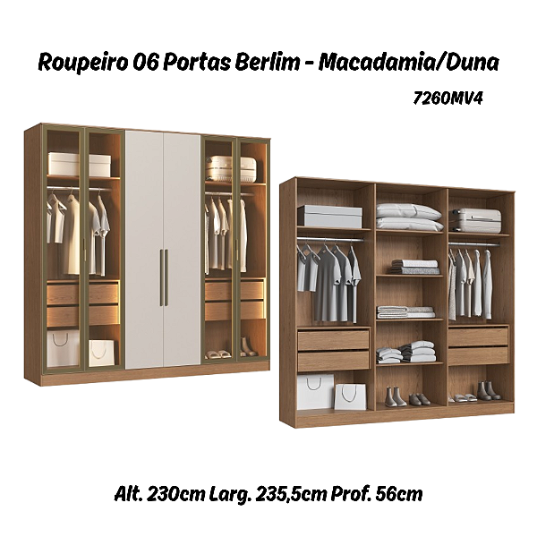 Roupeiro 06 Portas 04 c/ Vidro Reflecta Berlim 100% MDF - 7260MV4 - Macadamia/Duna - Moveis Castro