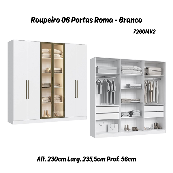 Roupeiro 06 Portas 02 c/ Vidro Reflecta Roma 100% MDF - 7260MV2 - Branco - Moveis Castro