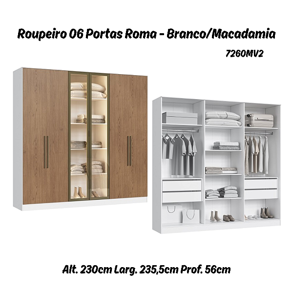 Roupeiro 06 Portas 02 c/ Vidro Reflecta Roma 100% MDF - 7260MV2 - Branco/Macadamia - Moveis Castro