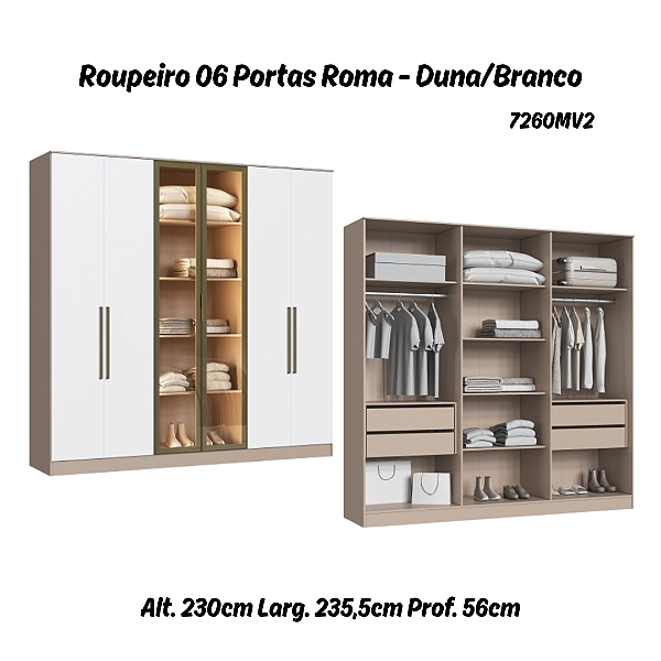 Roupeiro 06 Portas 02 c/ Vidro Reflecta Roma 100% MDF - 7260MV2 - Duna/Branco - Moveis Castro