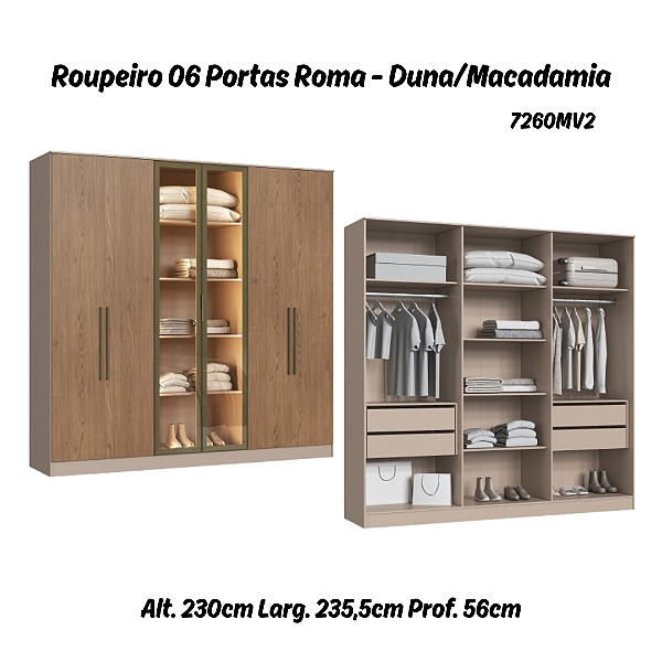 Roupeiro 06 Portas 02 c/ Vidro Reflecta Roma 100% MDF - 7260MV2 - Duna/Macadamia - Moveis Castro