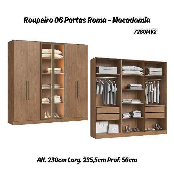 Roupeiro 06 Portas 02 c/ Vidro Reflecta Roma 100% MDF - 7260MV2 - Macadamia - Moveis Castro