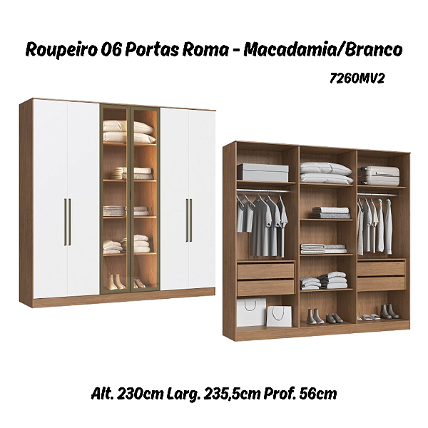 Roupeiro 06 Portas 02 c/ Vidro Reflecta Roma 100% MDF - 7260MV2 - Macadamia/Branco - Moveis Castro
