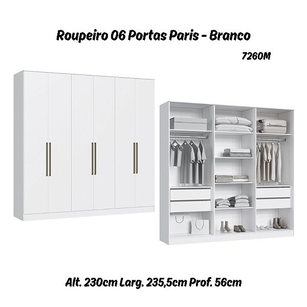 Roupeiro 06 Portas Paris 100% MDF - 7260M - Branco - Moveis Castro