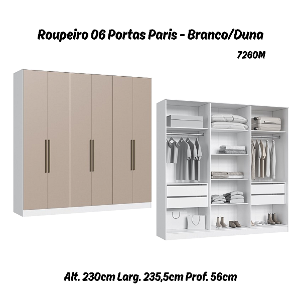 Roupeiro 06 Portas Paris 100% MDF - 7260M - Branco/Duna - Moveis Castro