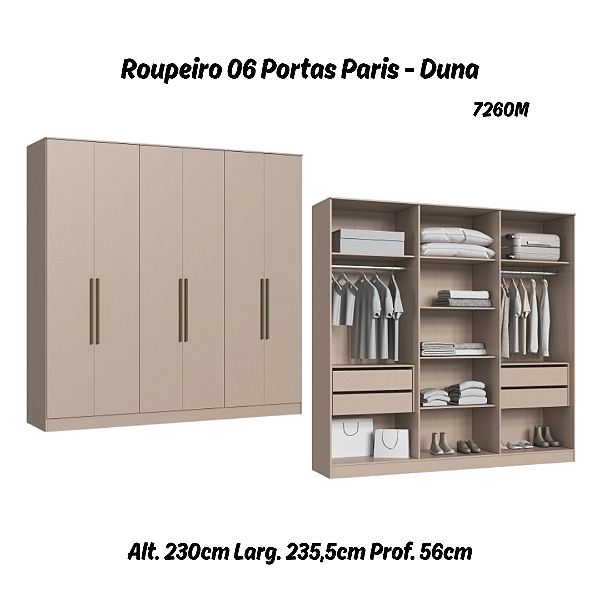 Roupeiro 06 Portas Paris 100% MDF - 7260M - Duna - Moveis Castro