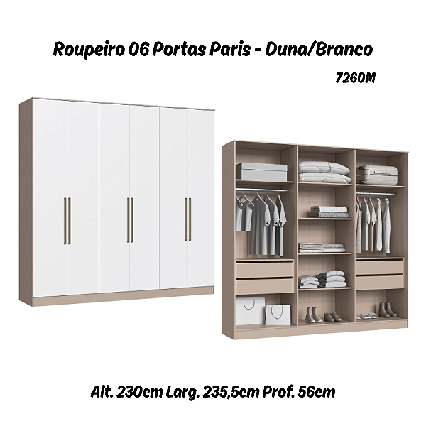 Roupeiro 06 Portas Paris 100% MDF - 7260M - Duna/Branco - Moveis Castro