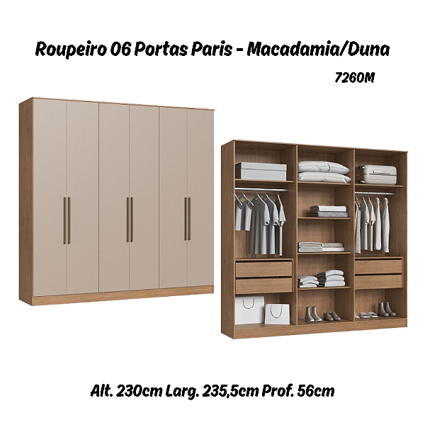 Roupeiro 06 Portas Paris 100% MDF - 7260M - Macadamia/Duna - Moveis Castro