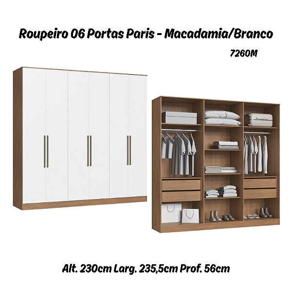 Roupeiro 06 Portas Paris 100% MDF - 7260M - Macadamia/Branco - Moveis Castro