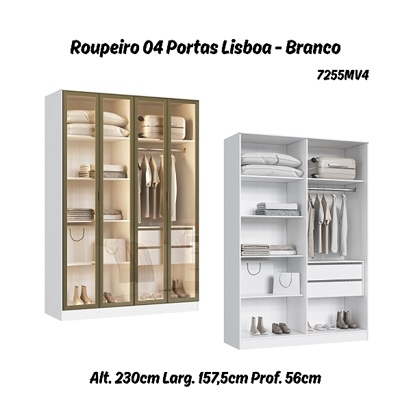 Roupeiro 04 Portas de Vidro Reflecta Lisboa 100% MDF - 7255MV4 - Branco - Moveis Castro