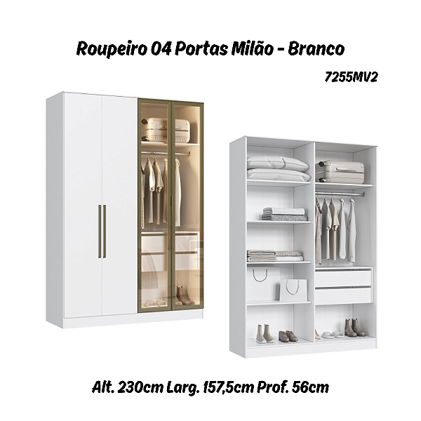 Roupeiro 04 Portas 02 de Vidro Reflecta Milão 100% MDF - 7255MV2 - Branco - Moveis Castro