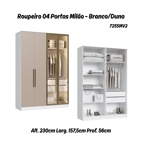 Roupeiro 04 Portas 02 de Vidro Reflecta Milão 100% MDF - 7255MV2 - Branco/Duna - Moveis Castro