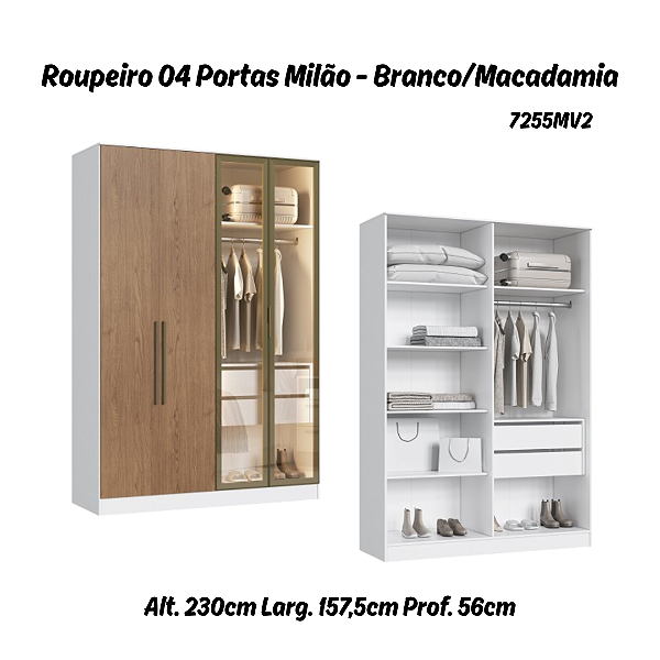 Roupeiro 04 Portas 02 de Vidro Reflecta Milão 100% MDF - 7255MV2 - Branco/Macadamia - Moveis Castro