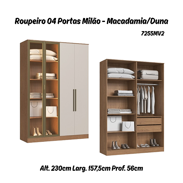 Roupeiro 04 Portas 02 de Vidro Reflecta Milão 100% MDF - 7255MV2 - Macadamia/Duna - Moveis Castro