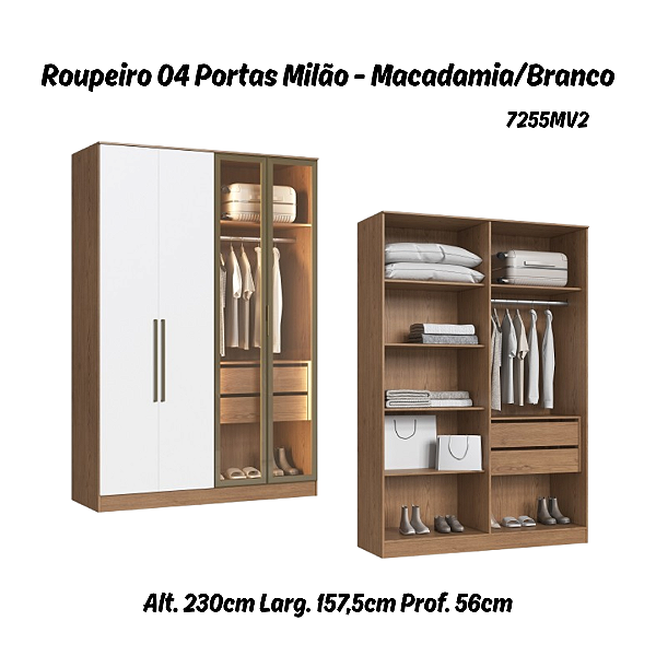 Roupeiro 04 Portas 02 de Vidro Reflecta Milão 100% MDF - 7255MV2 - Macadamia/Branco - Moveis Castro