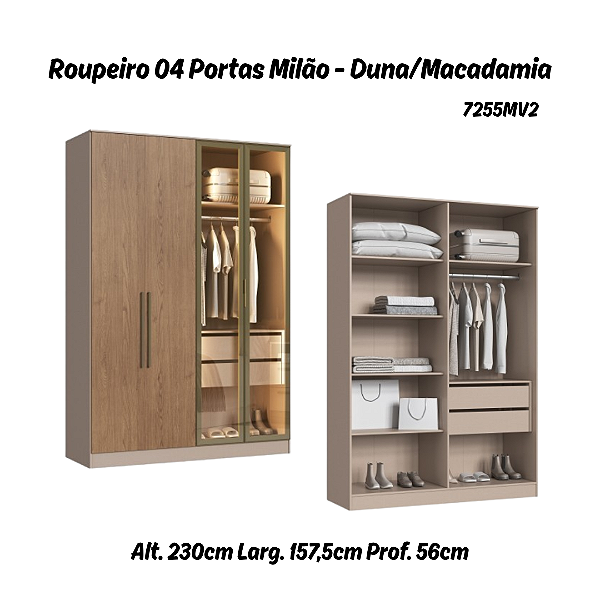 Roupeiro 04 Portas 02 de Vidro Reflecta Milão 100% MDF - 7255MV2 - Duna/Macadamia - Moveis Castro