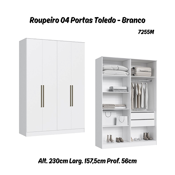 Roupeiro 04 Portas Toledo 100% MDF - 7255M - Branco - Móveis Castro