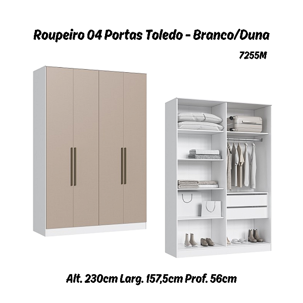 Roupeiro 04 Portas Toledo 100% MDF - 7255M - Branco/Duna - Móveis Castro