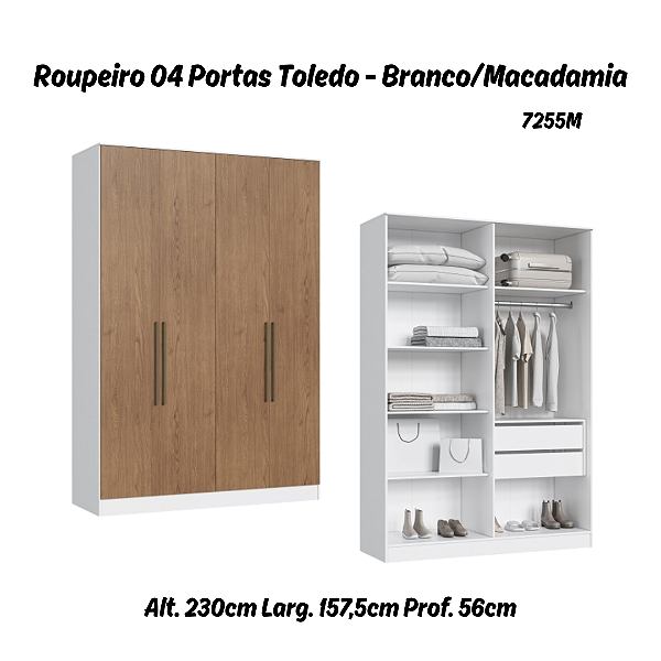 Roupeiro 04 Portas Toledo 100% MDF - 7255M - Branco/Macadamia - Móveis Castro